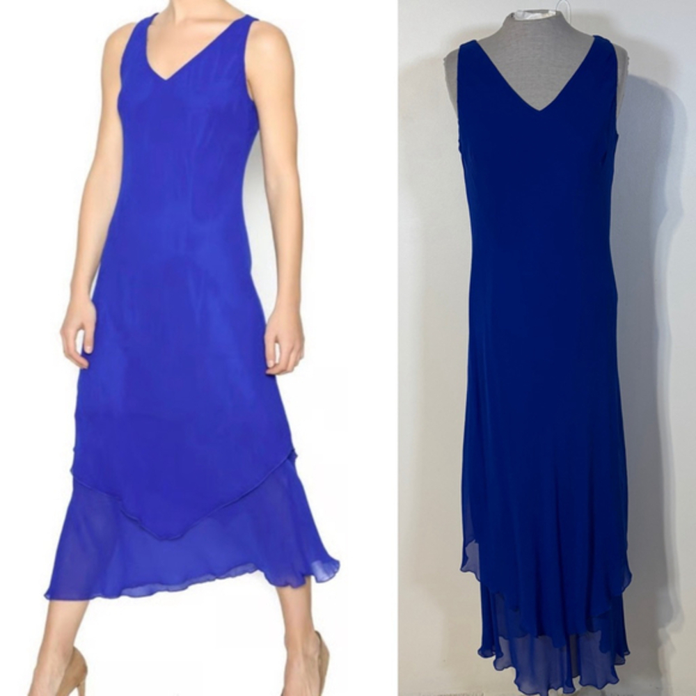 Simply Silk Midi Layered Tiered Dress Women’s Large Blue Sleeveless V-Neck NWT
